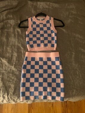 Women's Pink and Blue Checker Knit Skirt Set